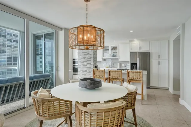 a view of a dining room with furniture and window