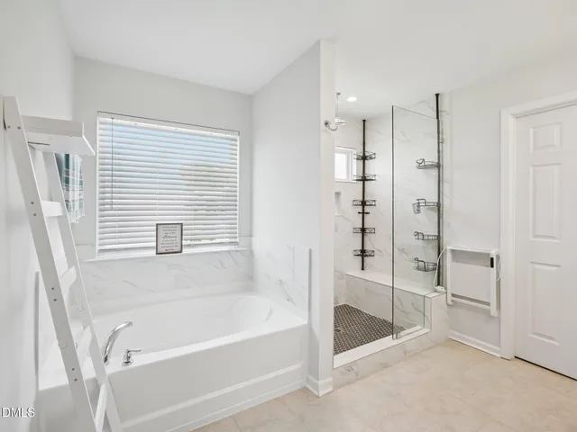 a bathroom with a bathtub and a shower