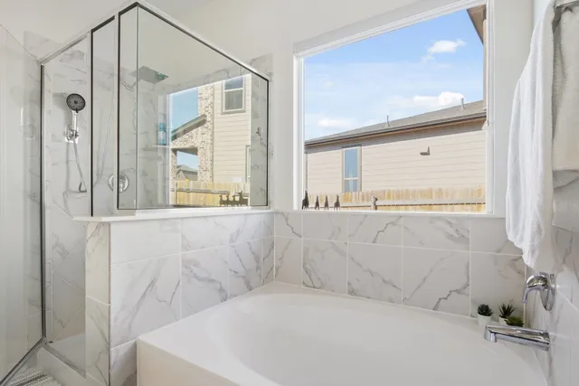 a bathroom with a bathtub and a shower