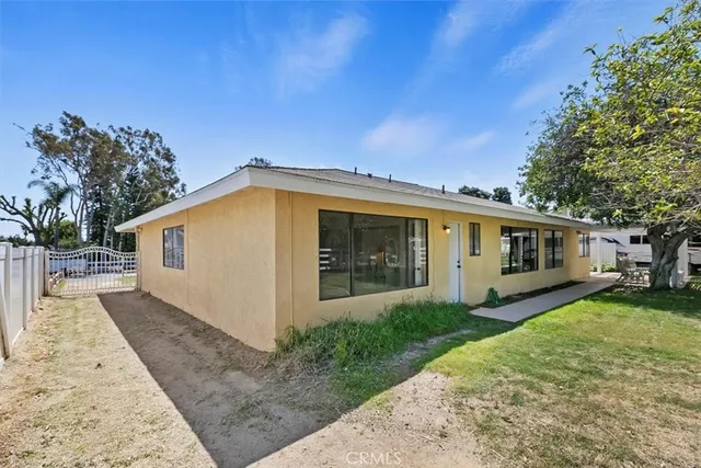 a view of a backyard with lawn chairs and a large tree