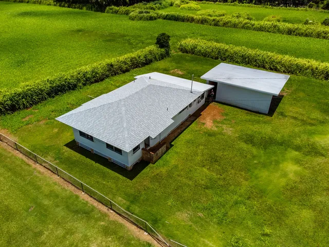 a view of a backyard with lawn chairs plants and large trees