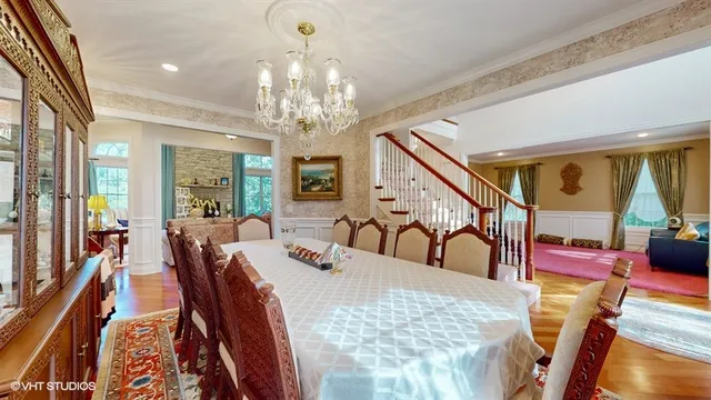 a view of a dining room with furniture