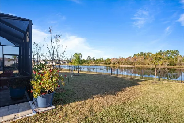 a view of a lake with a patio
