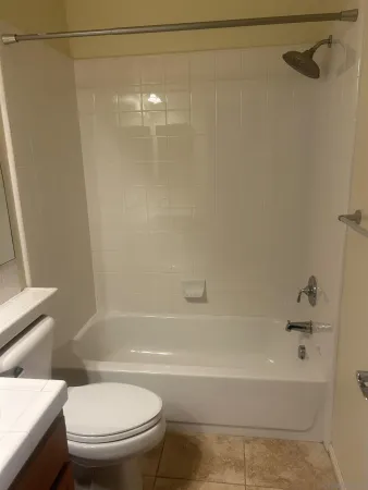a bathroom with a bathtub and a toilet