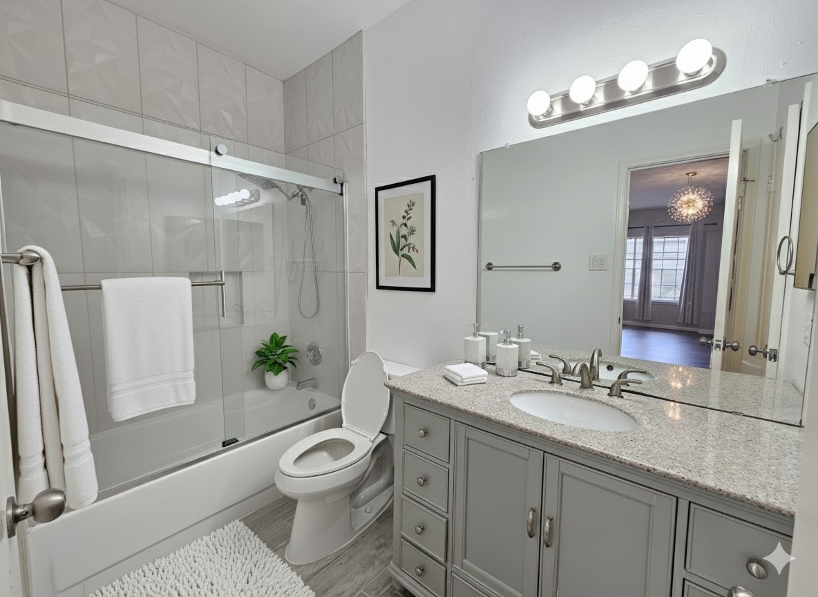 3800 Tanglewilde Street, Unit 605 Houston, TX 77063 - Photo 11 of 13 a bathroom with a granite countertop toilet a sink a mirror a vanity and shower