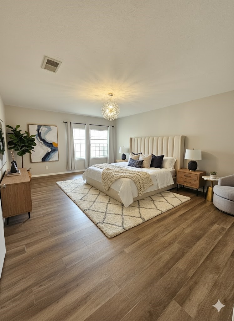 3800 Tanglewilde Street, Unit 605 Houston, TX 77063 - Photo 9 of 13 a bedroom with furniture and a wooden floor