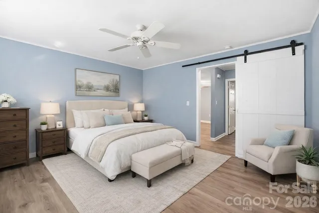 a bedroom with a bed couches and closet