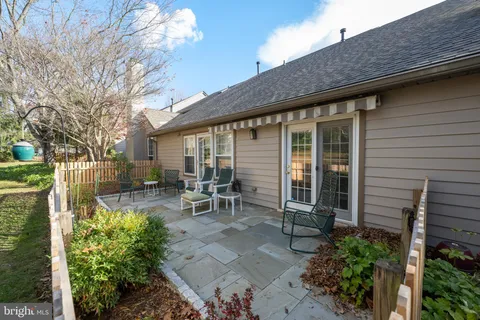 a backyard of a house with a garden and outdoor seating