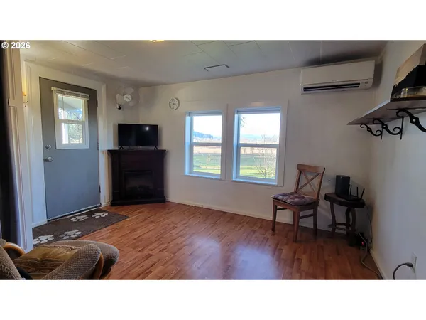 a upper view of a living room and dining room