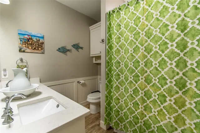 a bathroom with a sink and a shower curtain