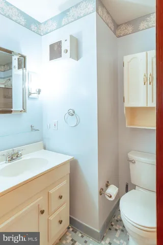a bathroom with a sink a toilet and a mirror