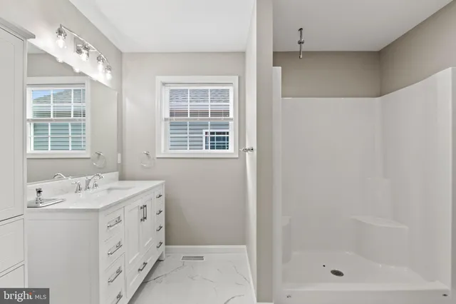 a bathroom with a sink a vanity and a shower