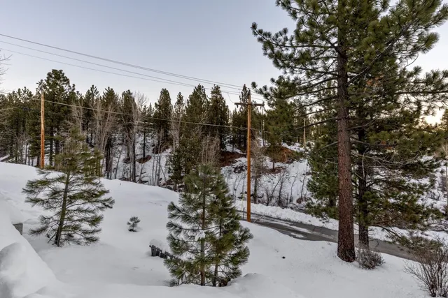 an aerial view of residential house with outdoor space and trees all around