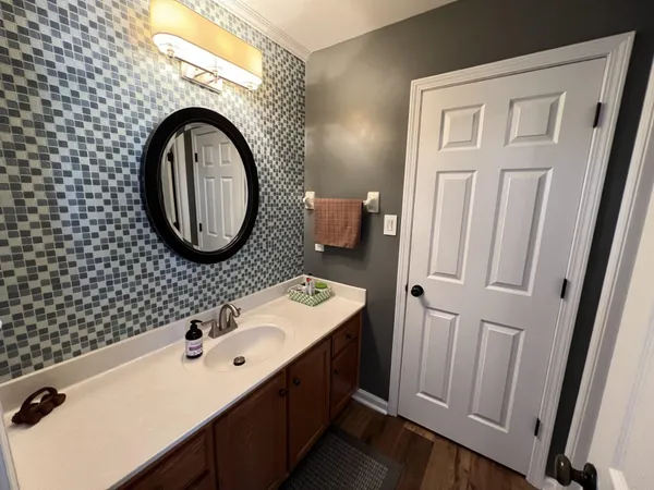 a bathroom with a sink and a mirror