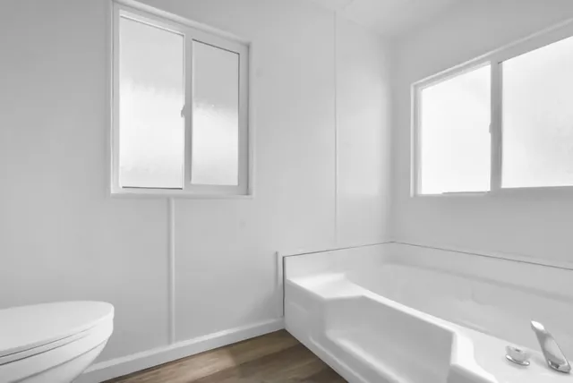 a bathroom with a bathtub and a toilet