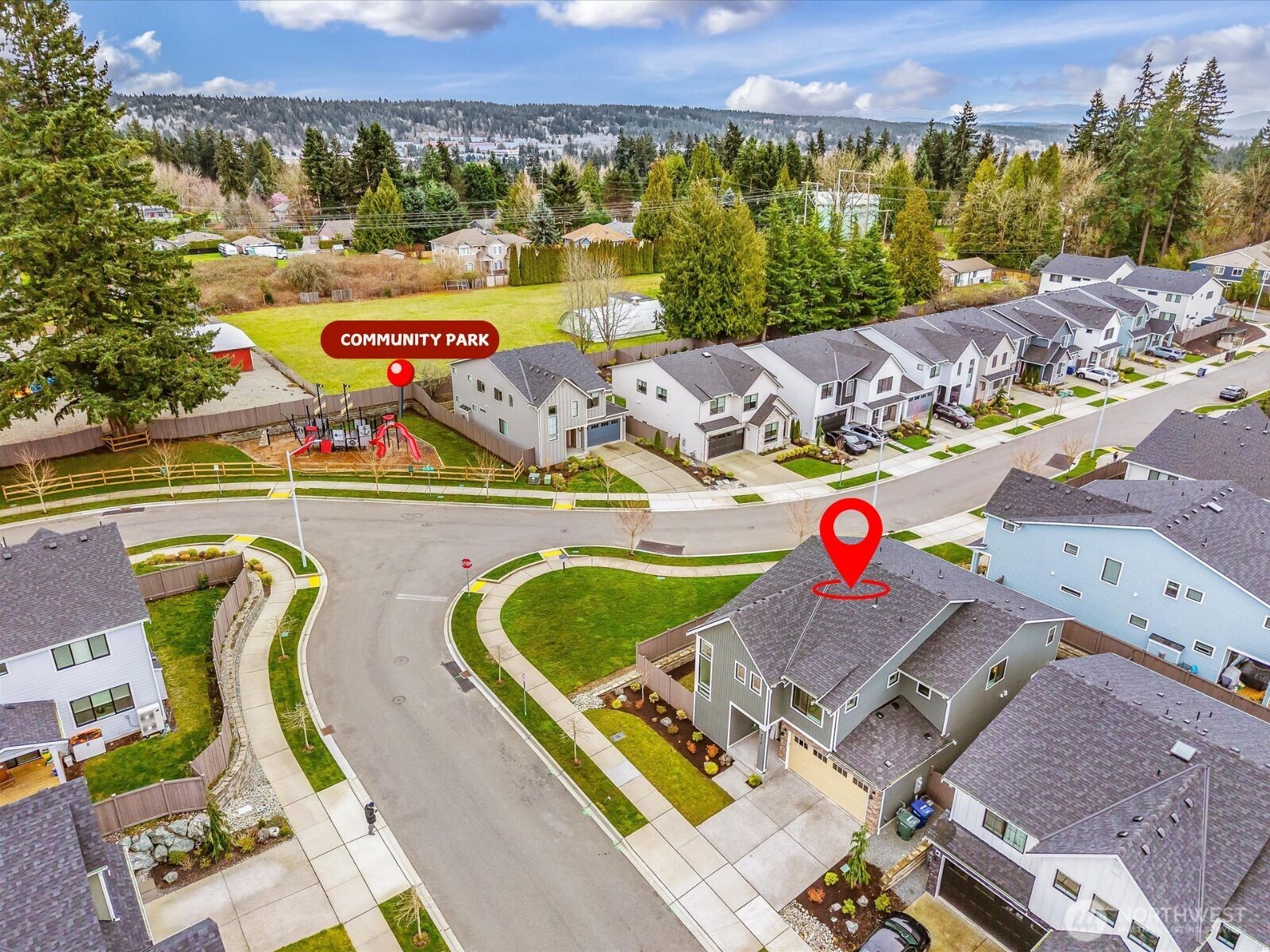 4418 242nd Place Southeast Bothell, WA 98021 - Photo 37 of 40 an aerial view of a house with a swimming pool yard and outdoor seating