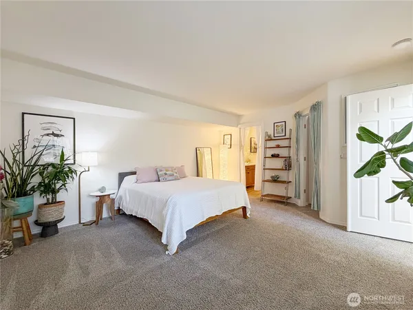 a spacious bedroom with a bed and a potted plant