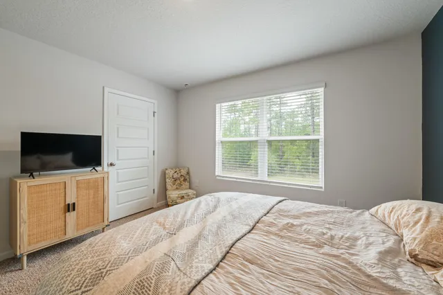 a bedroom with a bed and a flat screen tv