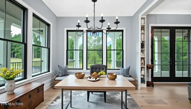 a view of a dining room with furniture window and outside view