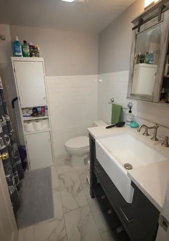 a bathroom with a sink a toilet and a mirror