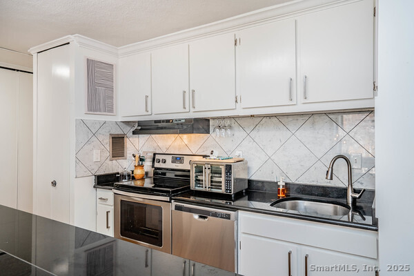 1 Gold Street, Unit 3D Hartford, CT 06103 - Photo 6 of 25 a kitchen with stainless steel appliances granite countertop a sink and a white cabinets