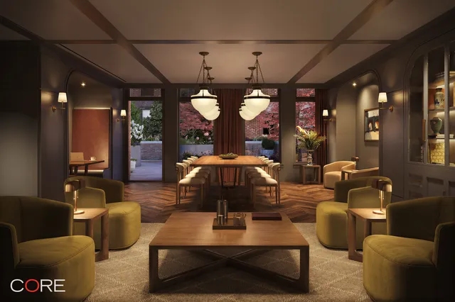 a living room with furniture gym equipment and large windows