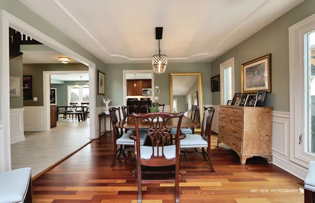 a view of a dining room with furniture window and wooden floor