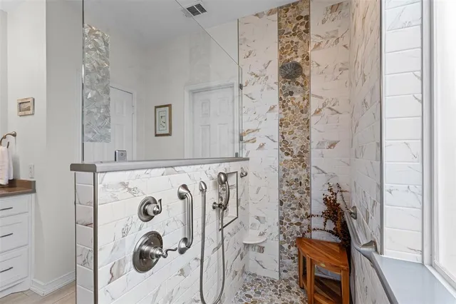 a bathroom with a shower curtain