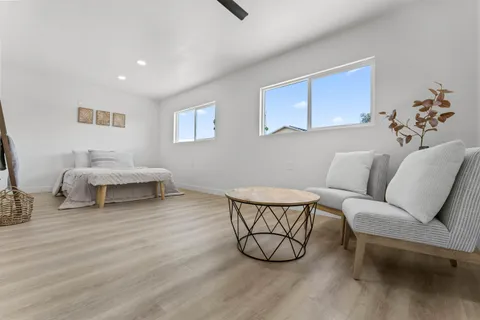 a living room with furniture a couch and a potted plant