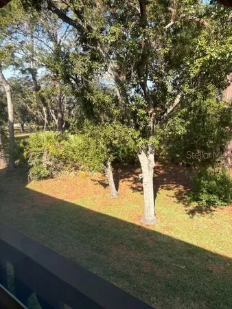 a view of a yard with wooden fence