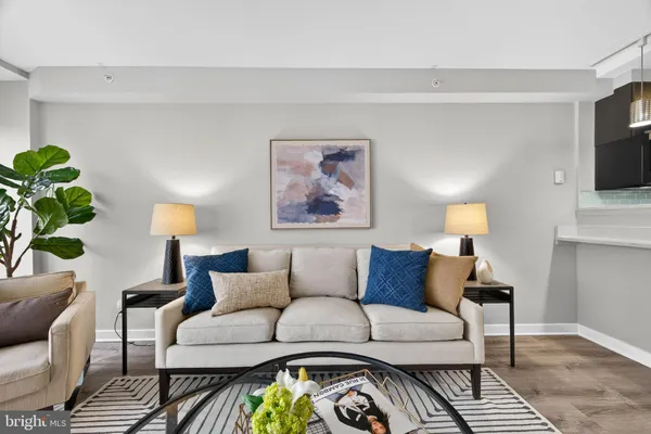 a living room with furniture and a potted plant