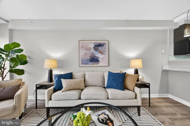 a living room with furniture and a potted plant
