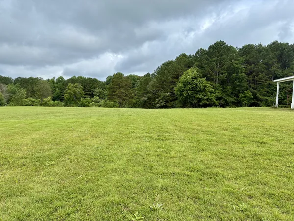 a view of a field with an trees in the background