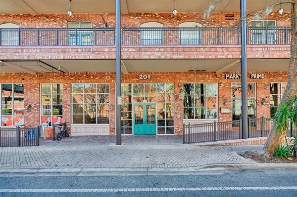 front view of a building with a street