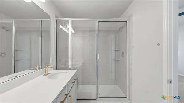 a bathroom with a shower and a sink