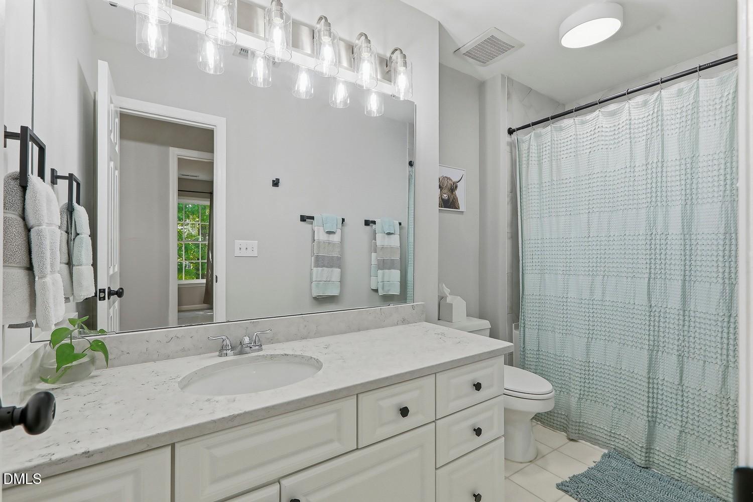 4001 Batiste Road Raleigh, NC 27613 - Photo 36 of 63 a bathroom with a granite countertop sink a toilet and a mirror