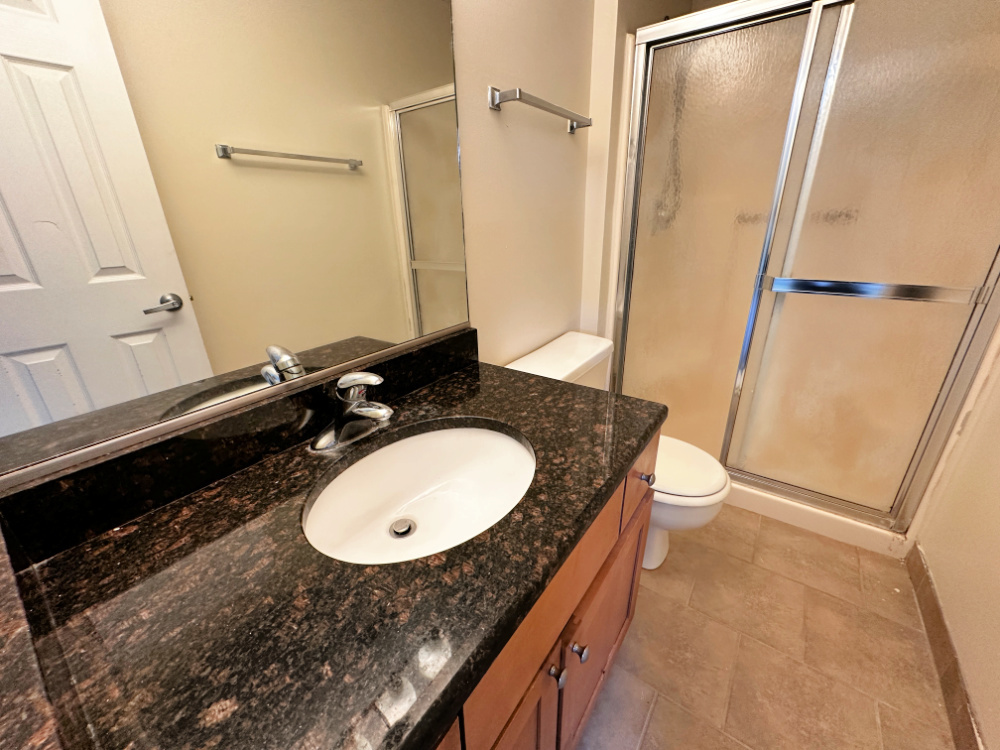 1340 Brook Street, Unit F St. Charles, IL 60174 - Photo 7 of 10 a bathroom with a granite countertop sink and a mirror