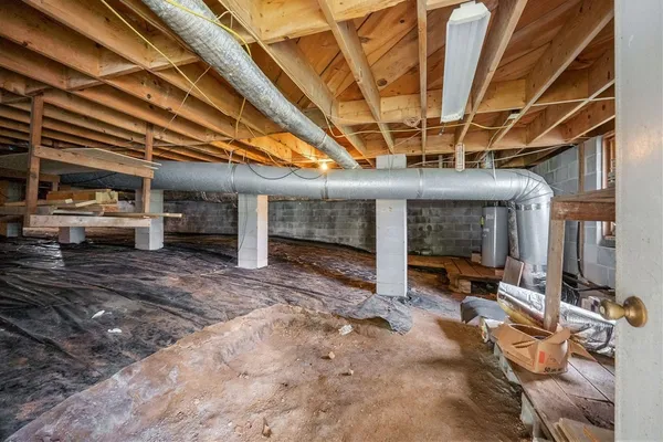 a view of a room with wooden roof