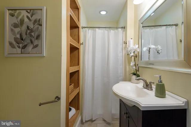 a bathroom with a sink a mirror and a shower