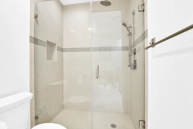 a bathroom with a shower and a toilet