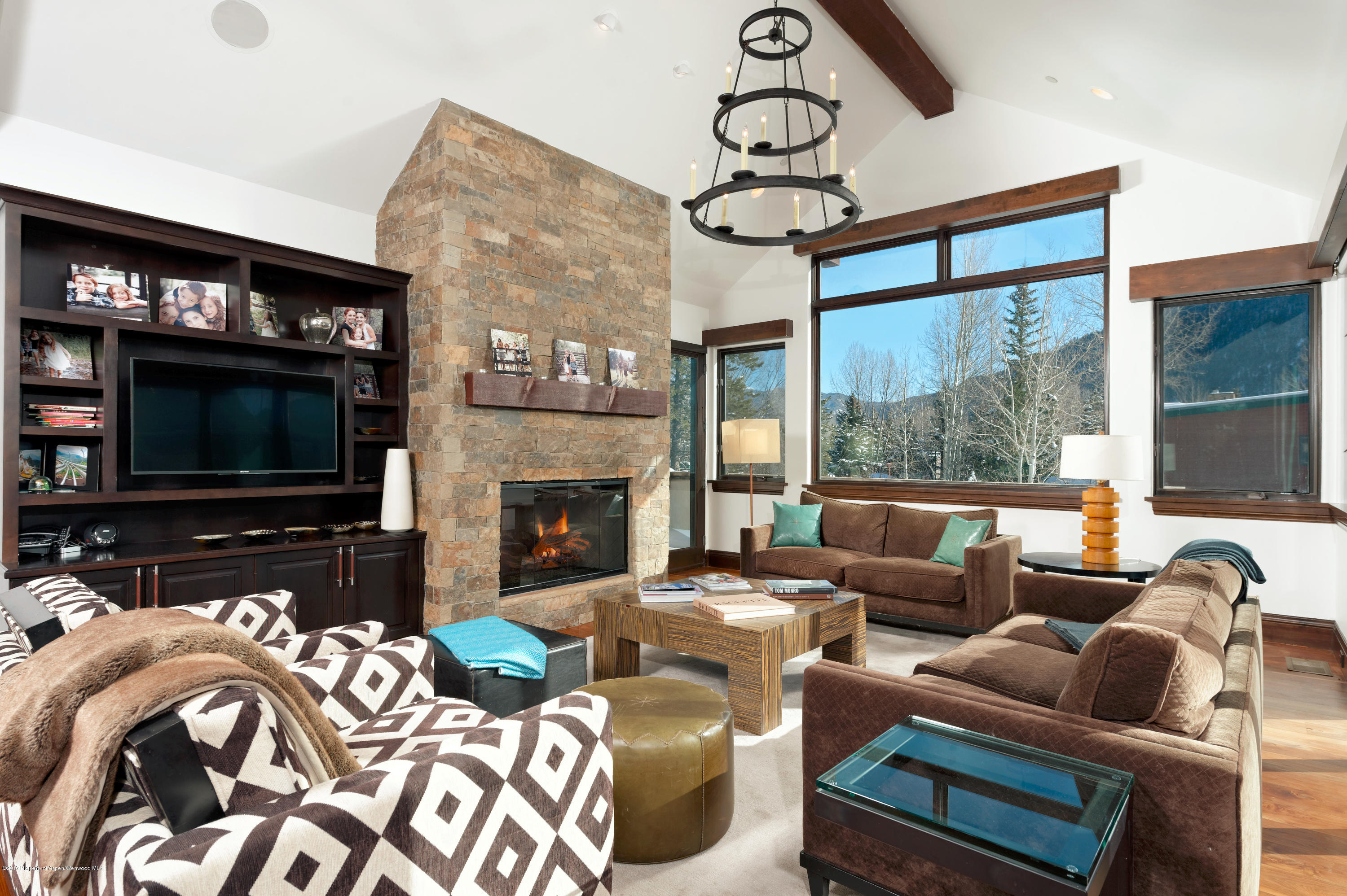 566 Race Street Aspen, CO 81611 - Photo 9 of 26 a living room with furniture a flat screen tv and a fireplace