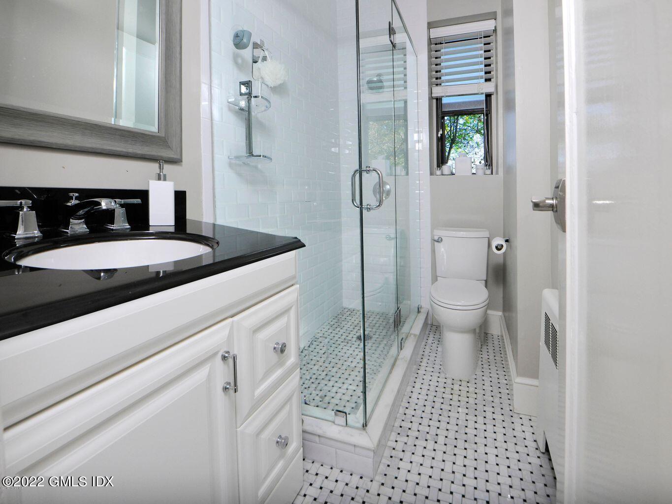 47 Lafayette Place, Unit 3H Greenwich, CT 06830 - Photo 10 of 13 a bathroom with a granite countertop sink a toilet and a shower