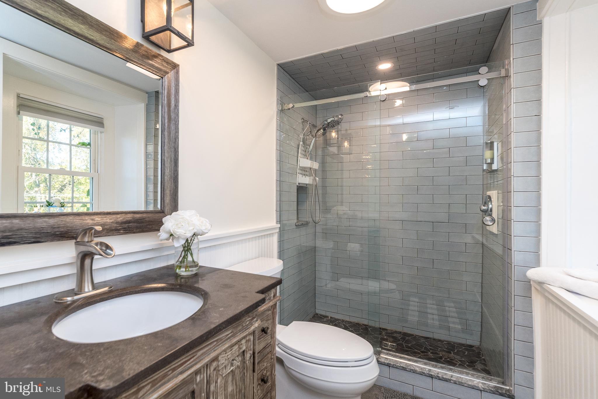 1442 River Road Upper Black Eddy, PA 18972 - Photo 34 of 65 a bathroom with a sink a toilet a mirror and shower
