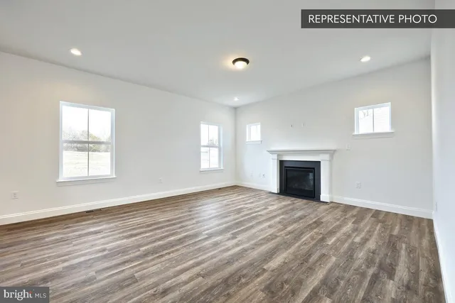 a view of empty room with wooden floor and fireplace