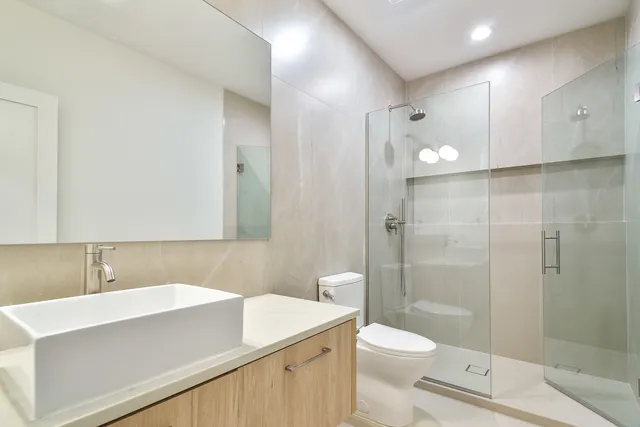 a bathroom with a sink a toilet a mirror and shower