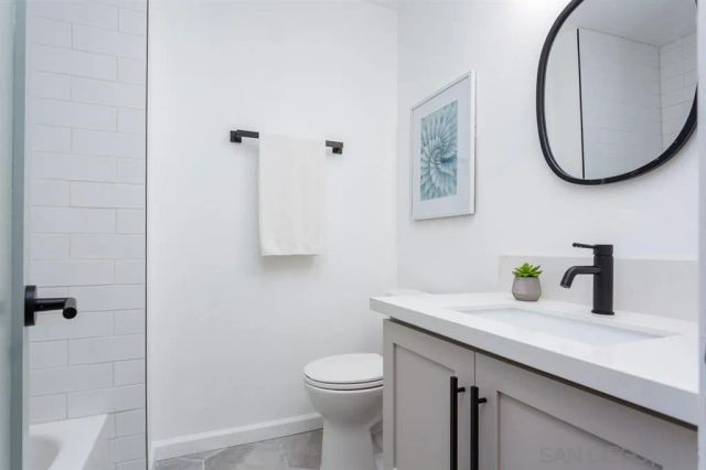 a bathroom with a sink a toilet and mirror