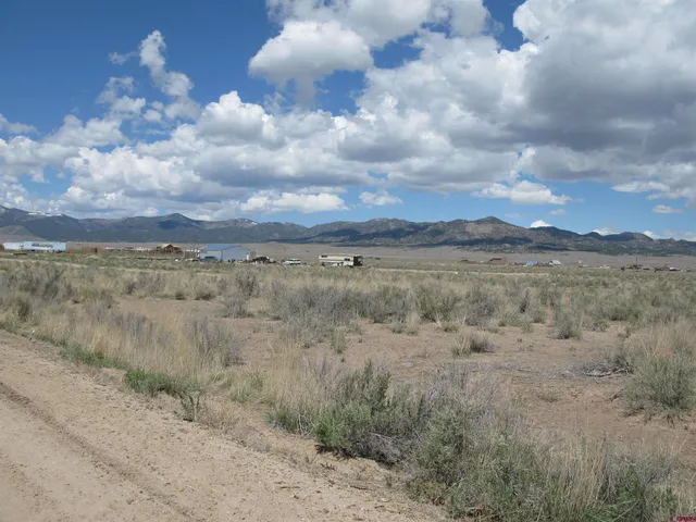 a view of a field with trees in background