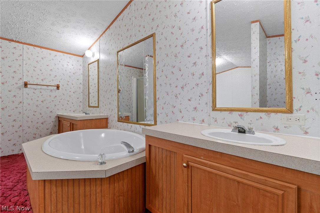 8472 Azalea Road Southwest Dennison, OH 44621 - Photo 28 of 35 Dual vanity sinks, built-in soaking tub, wood-finish cabinetry, and framed mirrors