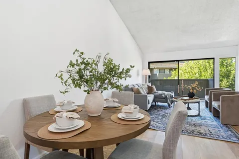 a living room with furniture and a potted plant
