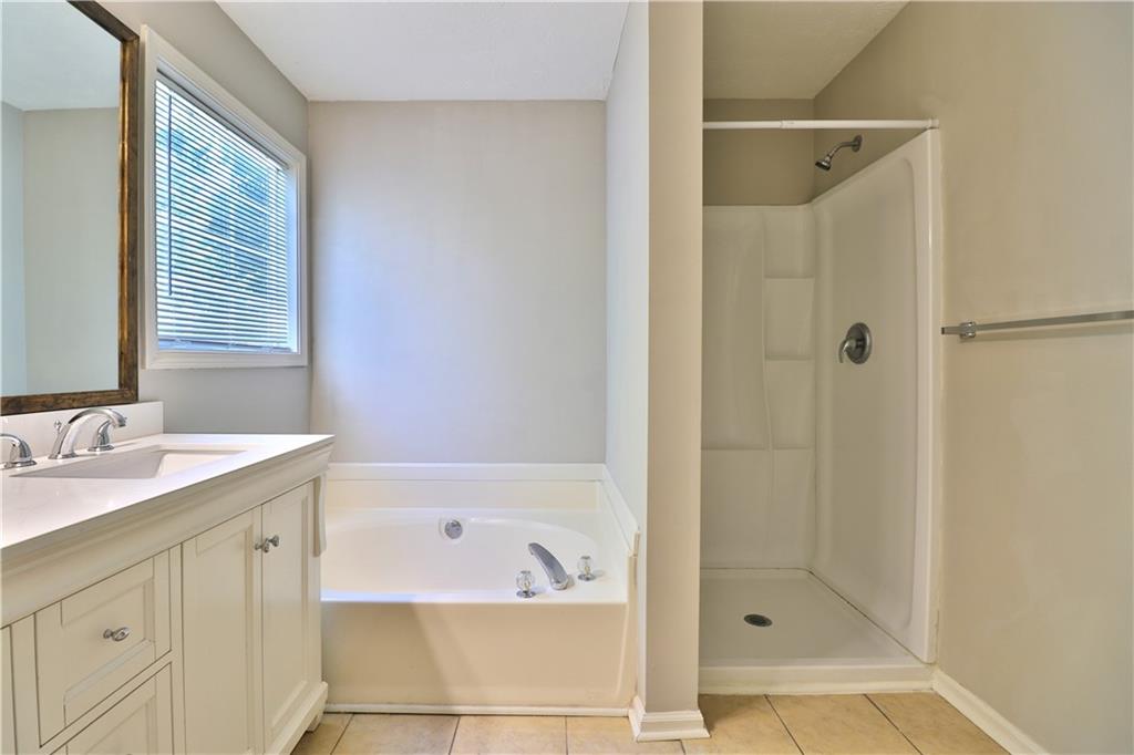 353 Fall View Court Winder, GA 30680 - Photo 40 of 61 a bathroom with a granite countertop bathtub shower sink vanity and mirror